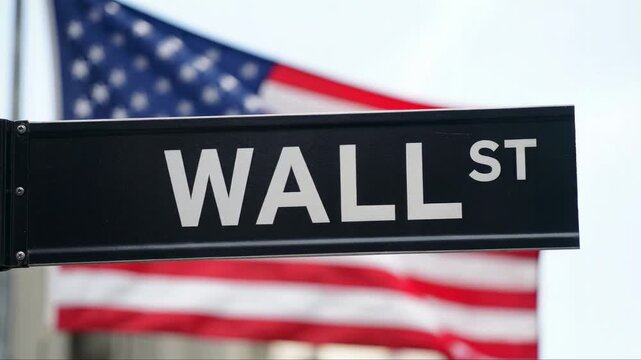 Wall Street Sign New York, United States Flag, Global Markets Concept