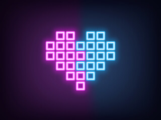 Outline neon pixel heart icon, magenta blue. Neon retro bit heart with outline pixel shape. Vintage love, digital heart, retro game passion, donation, love gift, pixel art. Vector