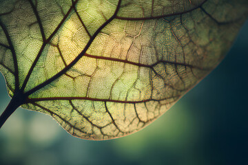 Obraz premium Detailed close-up of a vibrant green leaf showcasing its intricate vein structure and textures in natural light