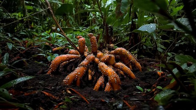 Orange Coral Mushroom Cluster Forest Floor Macro Lush Greenery Mysterious Woodland Growth Fungi Spore Detail Natural Ecosystem Biodiversity Organic Life