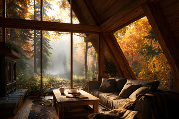 Fototapeta premium Cozy cabin living room with autumn view of serene forest in warm sunlight