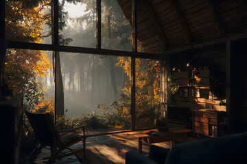 Obraz premium Cozy cabin living room with autumn view of serene forest in warm sunlight