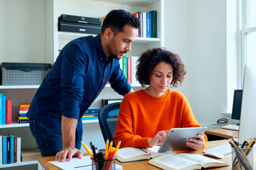 Obraz premium Young woman sitting at desk using digital tablet while young man standing beside her observing screen, both surrounded by open books and office supplies