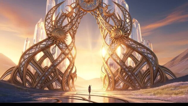 Fantasy traveler approaches ornate sun-moon crystal gate