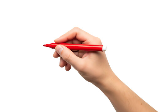 Hand holding red marker pen writing on blank surface close-up