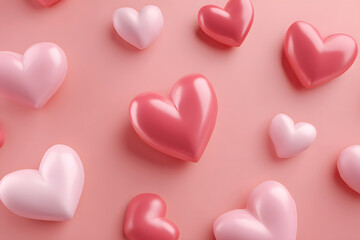 Fototapeta premium Various hearts in different shades scattered on a soft pink background ready for celebration