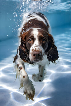 Perro Springer Spaniel nadando bajo el agua con burbujas bajo el agua buceando