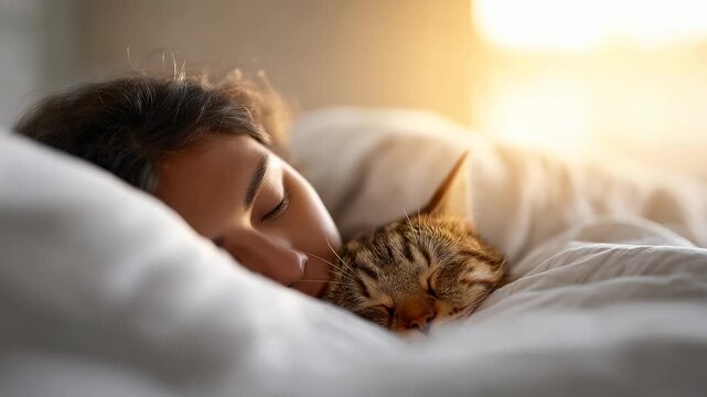 Peaceful young woman and her adorable tabby cat sleeping sweetly together in a cozy bed, snuggling under a white blanket in the warm morning sunlight. Pure comfort, love, and friendship