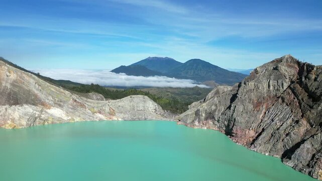 Kawah Ijen Volcano Blue Crater Lake Java Indonesia Drone Moves Through 4K 30FPS
