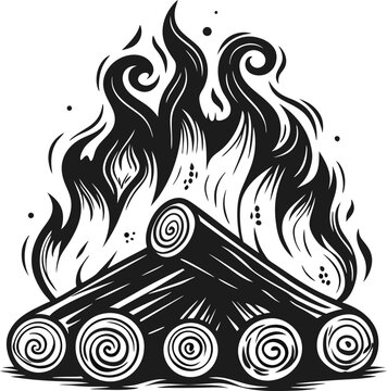 Illustration of burning campfire logs with flames in black and white, outdoor nature bonfire concept