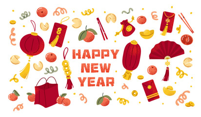 Lunar New Year festive objects illustration. Cartoon flat collection of traditional holiday decorations, symbols, food, and greeting typography for seasonal design. © pepiyoinlo