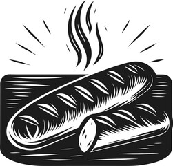 Obraz premium Freshly baked baguettes with steam on wooden cutting board, traditional french bread illustration