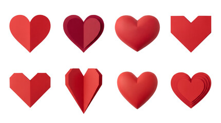 Red heart set including origami, papercraft, layered, and 3D puffy styles isolated. Valentine's Day and love symbol collection.