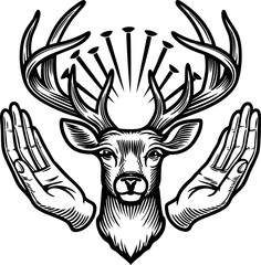 Deer head with large antlers and raised open hands, mystical black and white illustration, surreal animal and human fusion design