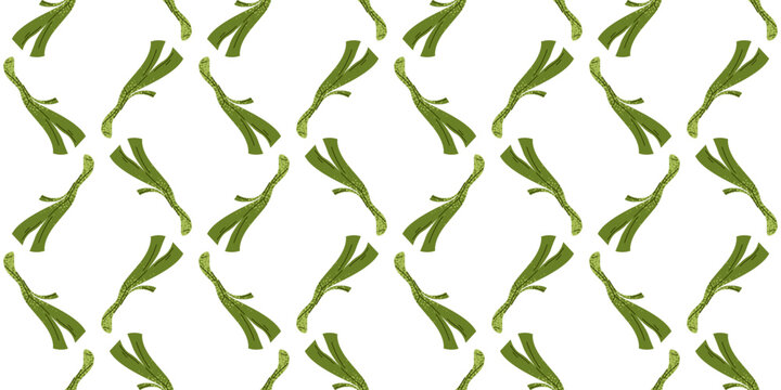 Seamless Pattern with Hand Drawn Green Leek. repeating pattern of hand drawn green leeks on a white background, ideal for fabric or packaging design.