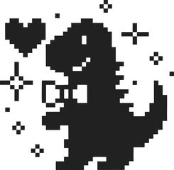 Obraz premium Pixel art dinosaur with heart and sparkles cute retro 8 bit lizard character wearing bowtie, love and magic concept