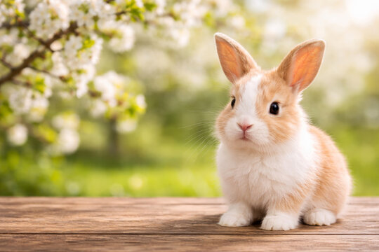 Rabbit sitting on wooden table in spring garden with blooming flowers and copy space. Easter background.