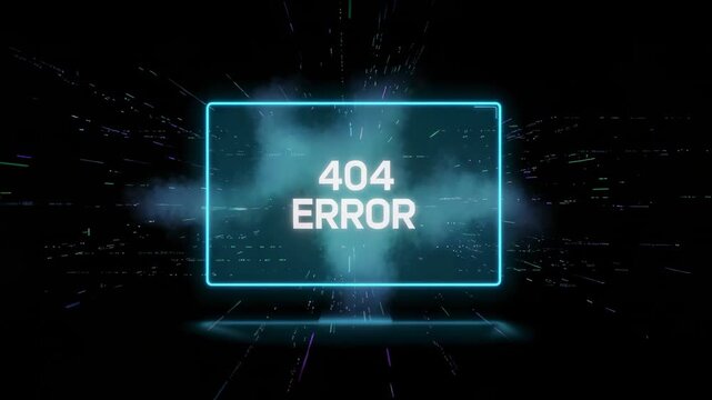 Digital animation showing a 404 error message on a futuristic neon blue screen with smoke and glitches, symbolizing a technical issue, lost connection, or unavailable website page