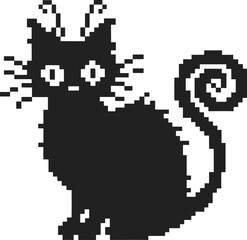 Pixel art black cat with spiral tail, sitting feline character digital design illustration
