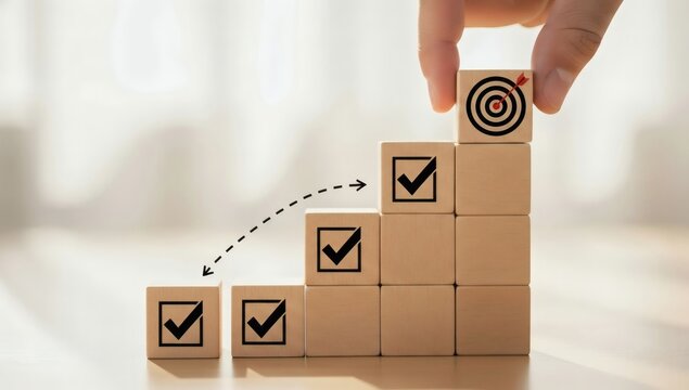 Business Strategy Execution and Goal Achievement. Hand positioning target block on stepped progress blocks, symbolizing gradual improvement performance optimization and strategic growth.
