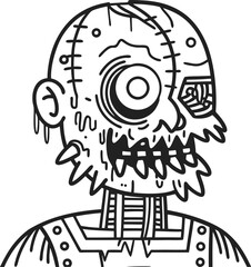 Fototapeta premium zombie with decayed face and exposed bones, dripping slime, horror character illustration