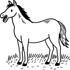Obraz premium black and white illustration of a cheerful horse standing on grass