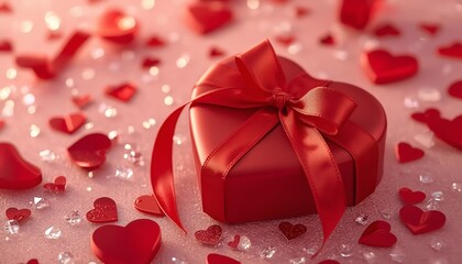 A beautifully wrapped red heart-shaped gift box with a ribbon surrounded by small hearts and sparkling decorations on a pink background.