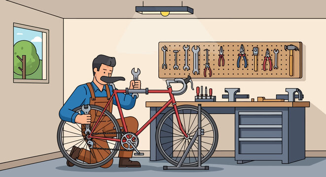 Man Repairing Bicycle in Workshop Setting.