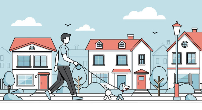 Man Walking Dog on Leash in Suburb.