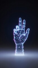 Naklejka premium A glowing hand composed of digital lines and dots reaches upwards, symbolizing the intersection of technology and creativity. This artwork captures a moment of connection in the digital age