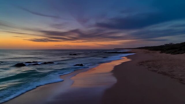 Serene ocean waves gently kiss sandy shore under vibrant sunset sky with dramatic pink and orange clouds reflecting on wet sand and calm water creating a peaceful coastal atmosphere perfect for