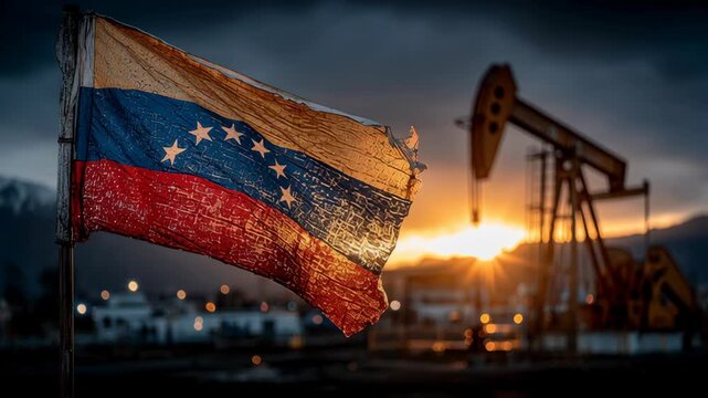 A weathered venezuelan flag waves prominently against the backdrop of oil pumpjacks silhouetted by a striking sunset. the scene highlights venezuela's rich energy resources and their integral connecti