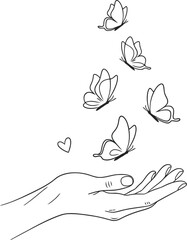 Hand releasing butterflies with love and care