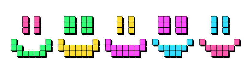 Pixel smile icon with eyes. 3d smile face in pixel art style, retro game icon. Happy smiling face and good vibe, happy mood emoticon, gaming digital emoji. Arcade icon design, vector set