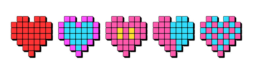 Pixel heart icon set. 3d heart shape in pixel art style, retro game icon, digital life. Love feeling and romantic valentine, gaming digital heart. Arcade icon design, vector set
