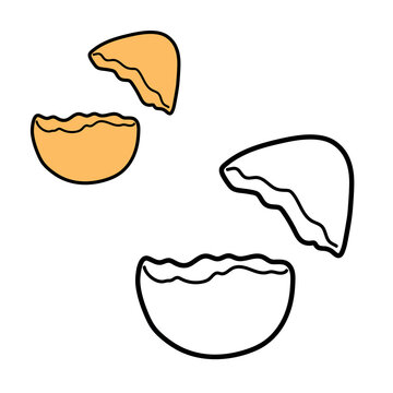 Cute broken egg vector illustration and outline colouring page. Simple cartoon easter egg with clean lines and flat colour version. Perfect for children colouring books, nursery designs, education and