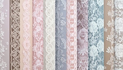Collection of elegant decorative lace trims in various pastel colors and intricate patterns.