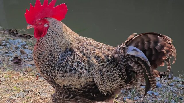 Two bantam rooster walking around.