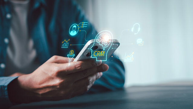 Digital CRM Concept on Smartphone: Customer Relationship Management, AI, and Business Intelligence Integration, customer relationship management, business intelligence, data analysis