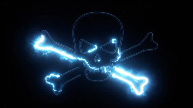 Glowing neon illustration featuring a skull and crossbones on black background