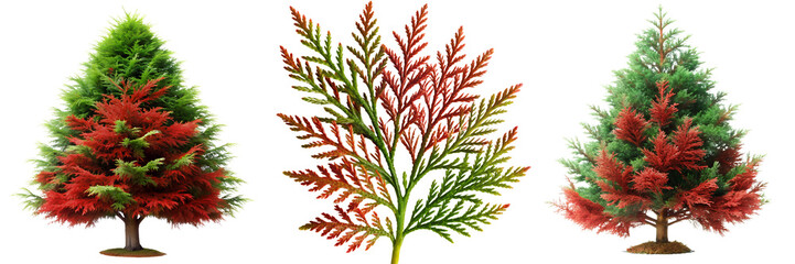 Set of a Macro cedar red and green showing isolated on a transparent background