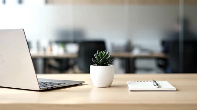 Minimal Workspace Desk with Laptop and Small Plant in Office
