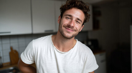 Fototapeta premium Smiling young man wearing undershirt standing on the kitchen.