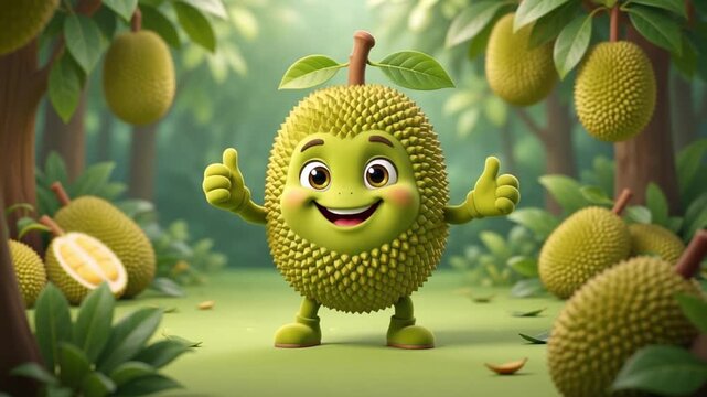 Happy jackfruit character dancing with thumbs up gesture, cute 3d animated mascot for health and tropical fruit concepts with copy space on isolated.