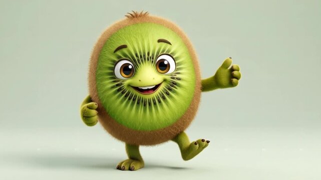 Happy kiwi fruit character dancing with thumbs up gesture, cute 3d animated mascot for health and vitamin concepts with copy space on isolated.