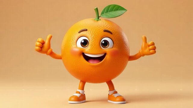 Happy orange character dancing with thumbs up gesture, cute 3d animated mascot for health and vitamin c concepts with copy space on isolated background.