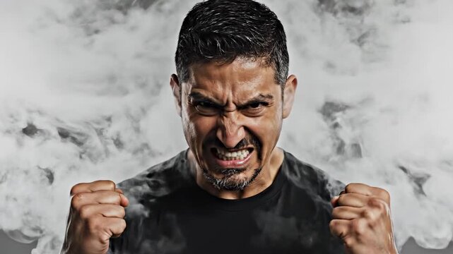 Intense middle aged man clenching his fists while smoke comes out of his ears, symbolizing burnout, information overload, extreme stress, frustration, and a mental breakdown from digital chaos