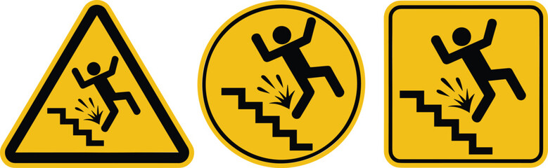 Set of three yellow safety warning signs illustrating a person tripping and falling down steep stairs, emphasizing the risk of severe injury and accident prevention.