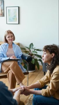 Vertical high angle of modern couple solving relationship problems with help of psychologist during therapy session