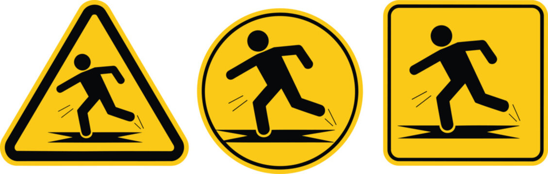 Yellow warning signs set for fragile surface danger, featuring a running person breaking through the floor, symbolizing risk, collapse, and required caution.